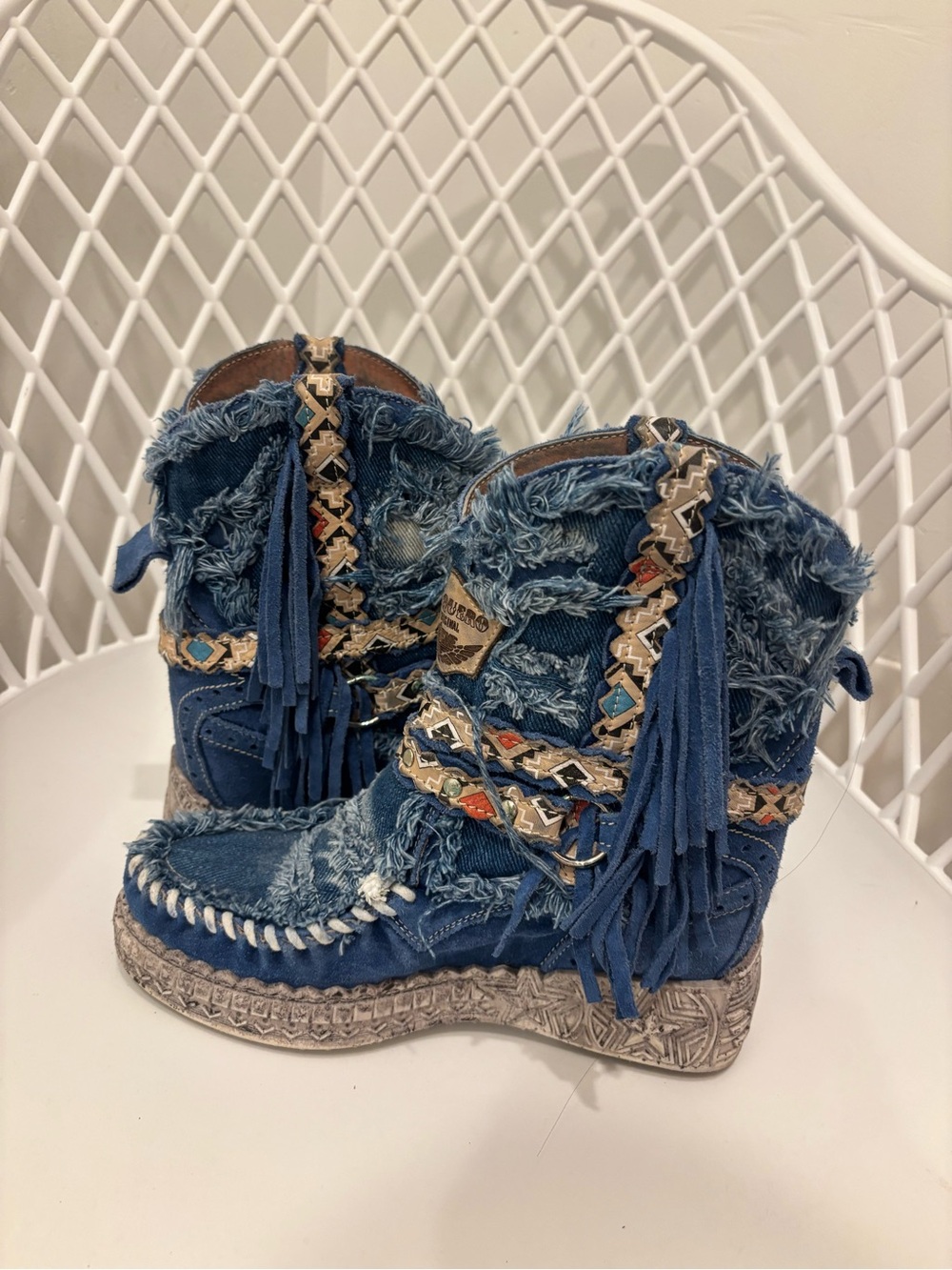 El vaquero Blue Fringe Suede Women's Boots - Boho Tassel Ankle Boot - Picture 2 of 5